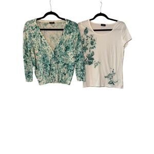 Talbots Cardigan Tee Set Womens Petite Teal White Floral Watercolor Twin Set